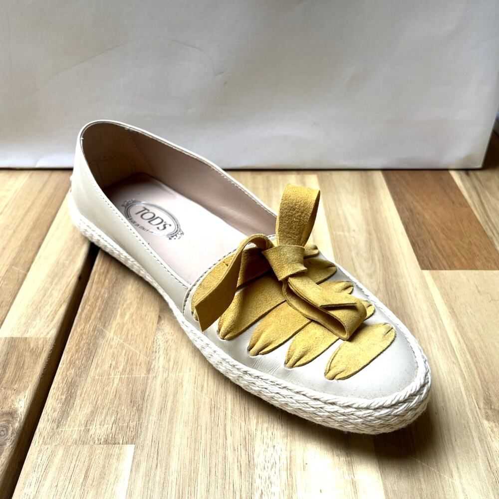 Tod’s Beige Leather Espadrille Loafers Suede Bow Flats Size 35.5 Italy Designer